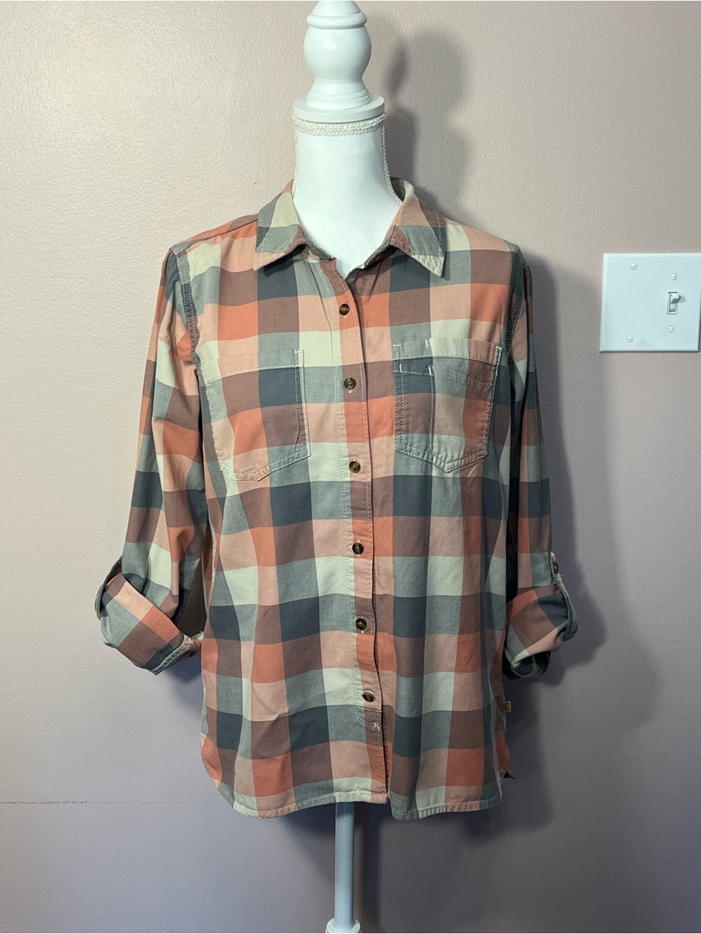 Carhartt Women’s Plaid Button-Down Shirt in Pink, Gray & Cream